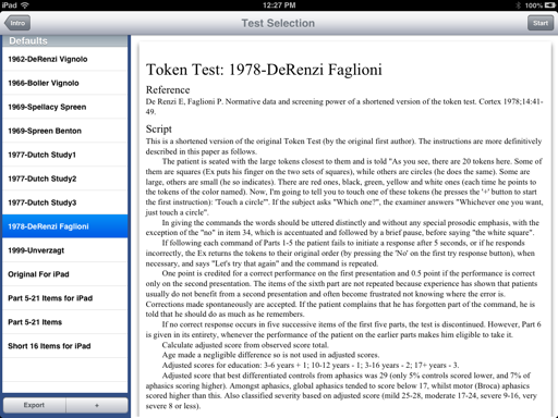 Token Test task selection screen